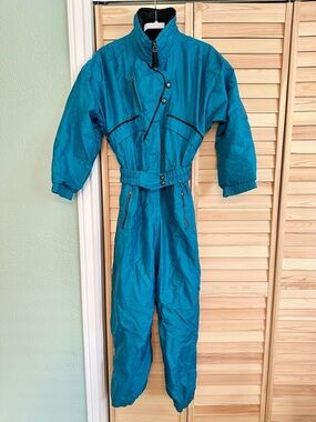 Vintage Inside Edge Teal One-Piece Ski Suit Women Small Snow Bibs Retro 80s 90s
